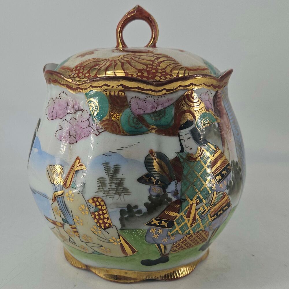 Antique Japanese Satsuma Hand Painted delicate porcelain Biscuit Jar w Lid
